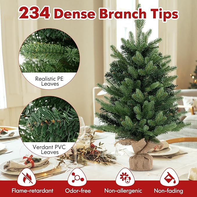 GOFLAME 2FT Pre-Lit Artificial Mini Christmas Tree, Small Tabletop Xmas Fir Tree with 234 Branch Tips, 35 Warm White LED Lights, Timer, Holiday Decoration Tree with Burlap Base