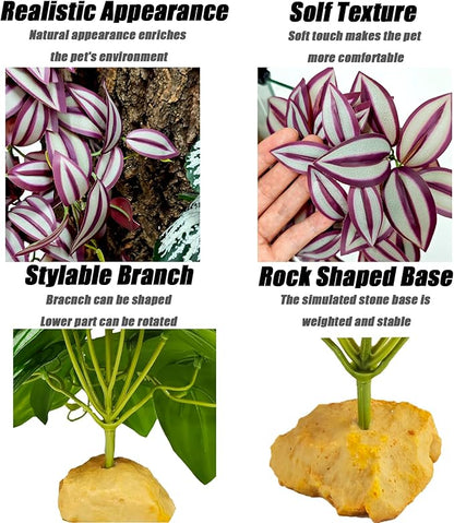 Woyrise Reptile Plants for Terrarium Decor, Ball Python Tank Accessories fit Bearded Dragon Crested Leopard Gecko Lizard Chameleon Snake Frog Tortoise Hermit Crab - Fake Zebrina Purple