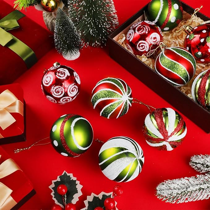 Leyndo 30 Pcs Christmas Ball Ornaments 2.4 Inch Lime Green Red White Whimsical Christmas Tree Decorations Glitter Elf Polka Dot Stripes Swirl Peppermint Candy Cane Xmas Bulbs for Tree(Stylish Style)