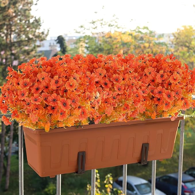 AmyHomie 16 Bundles Fall Orange Artificial Flowers for Outdoor Fall Decor UV Resistant Faux Flowers No Fade Fake Plastic Plants Garden Porch Window Box Decorating
