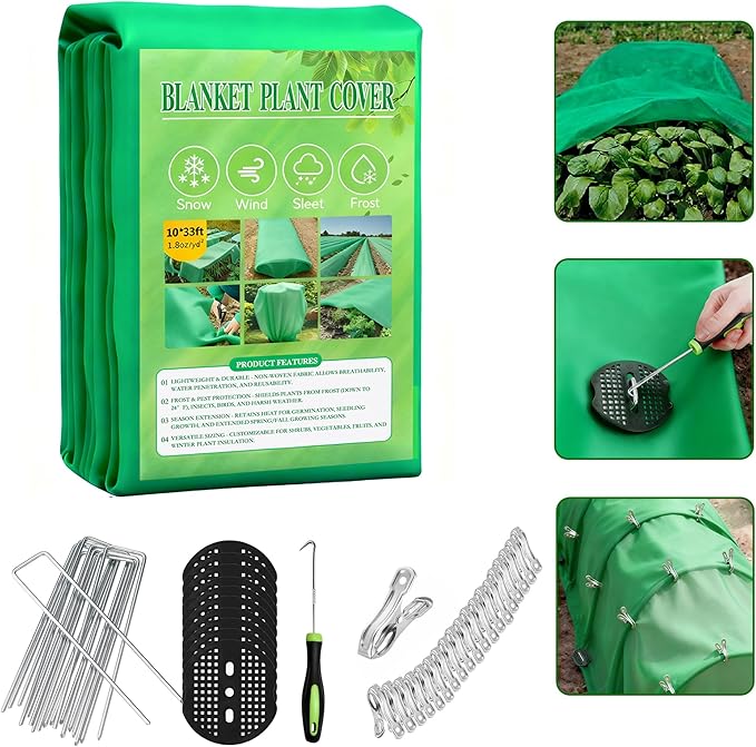 Plant Covers Freeze Protection kit，1.8 oz/yd²-10 ft x 33 ft Thickened Floating Row Cover for Outdoor Plants With 20 clips and 10 stakes staples& gasket & 1 Pick Hook, Winter Frost Protection(Green)