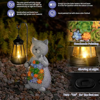Solar Cat Garden Statue with Succulent Decor Hanging Lantern – Waterproof Resin Outdoor Figurine for Yard, Patio, Balcony – Gift for Cat Lovers, Gardeners