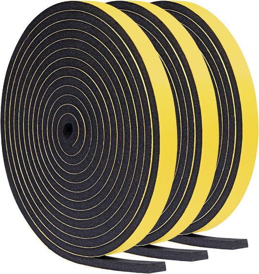 Foam Weather Stripping for Doors and Windows 1/2 inch W x 1/8 inch T, Adhesive Weather Strip Seal Tape (Total 49.5 Ft Length, 3 Rolls of 16.5 Ft Each)