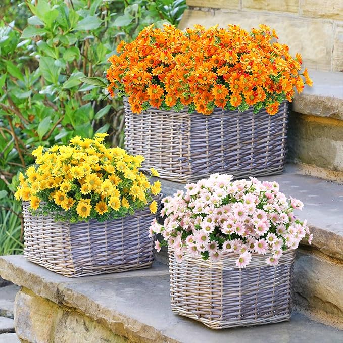 10pcs Outdoors Artificial Mum Flowers UV Resistant Daisy Fake Silk Chrysanthemum Greenery Faux Eucalyptus Plants for Spring Summer Garden Patio Window Box Planter Home Decor(Pink)