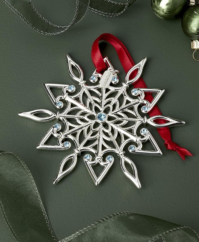 Lenox Ornament, 2025 Snow Majesty Silverplate Ornament, Stainless Steel Christmas Tree Decoration, Snowflake Design, Blue Jeweled Accents, Red Ribbon for Hanging, Christmas Decoration(Silver, 1 Piece)