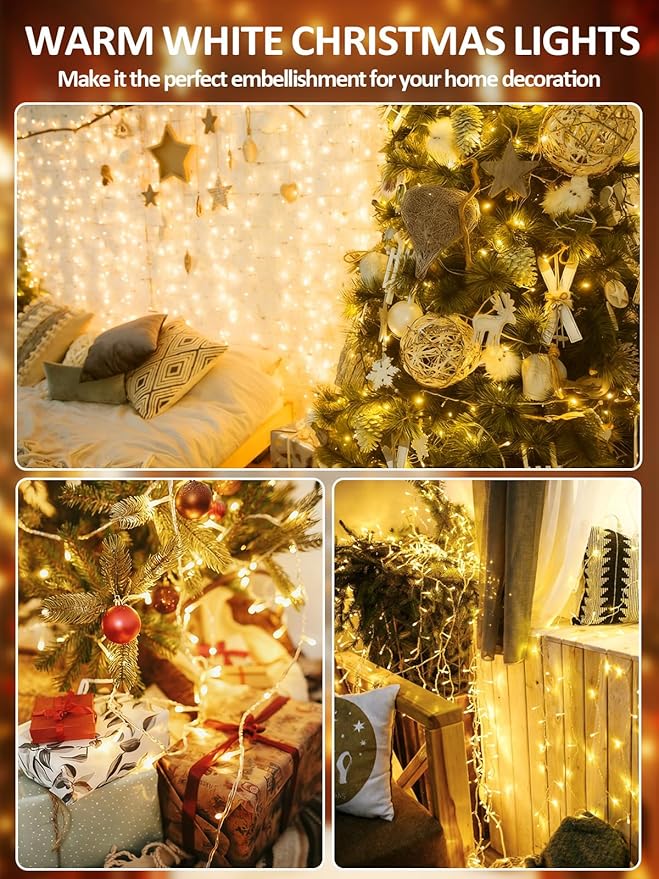 Voice Control Smart Christmas Lights Indoor Outdoor, Clear Wire 66Ft 200 LED String Lights Waterproof, 12 Modes Twinkle Fairy String Light for Xmas Tree Wedding Party Bedroom Decorations (Warm White)