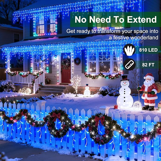 810 LED Christmas Lights with 180 Drops, 82ft 12 Modes Blue Fairy String Lights with Timer Dimmable, Waterproof Twinkle Lights for Indoor Outdoor Holiday Wedding Party Eaves Yard Yard Christmas Decor