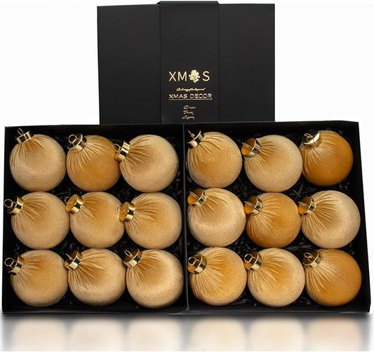 18PCS Champagne Gold Velvet Christmas Ornaments Set – Large Matte Flocked Shatterproof Baubles for Xmas Tree Decoration, Luxury Hanging Ornaments for Holiday & Home Décor (Gold, 3 Inch / 8 cm)