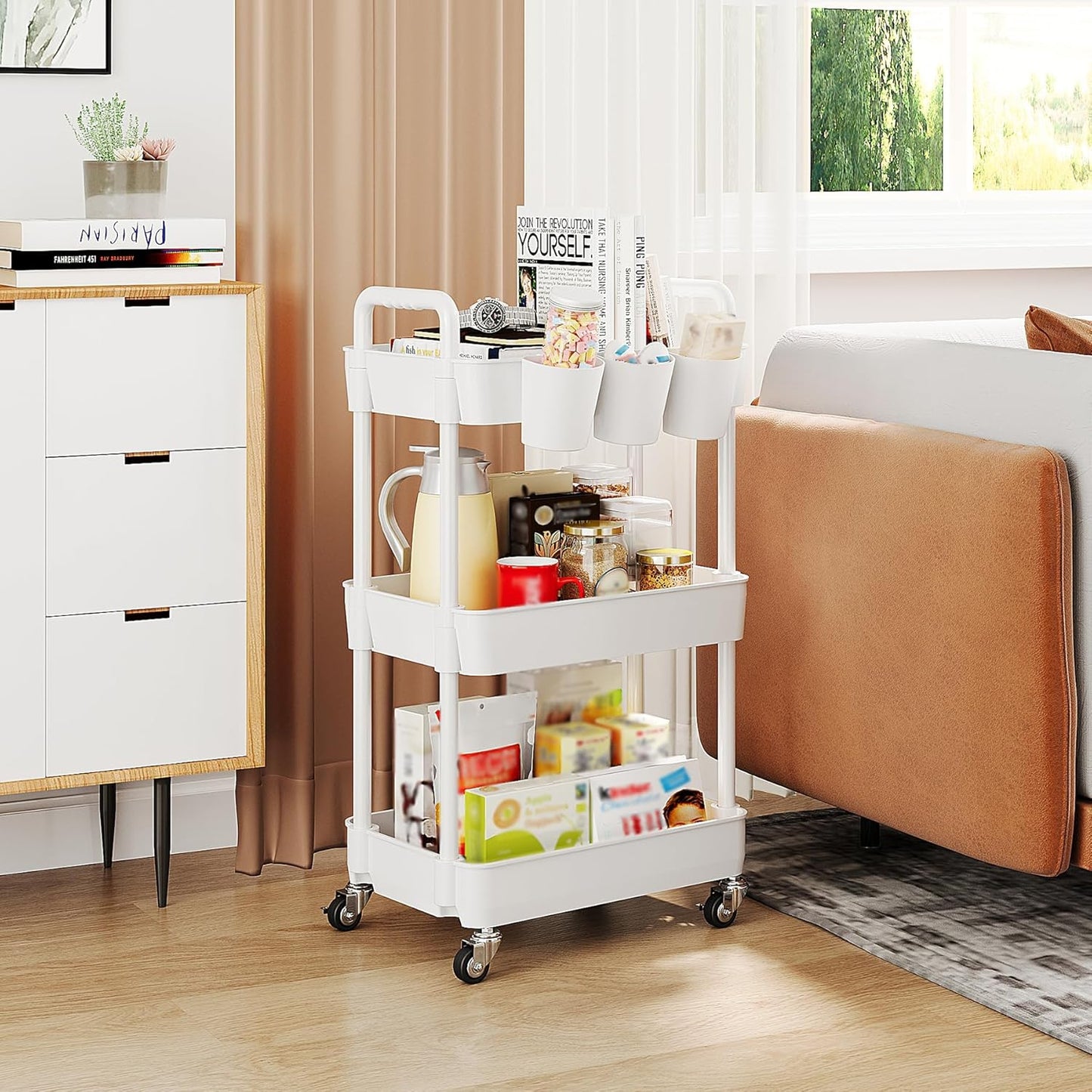 UDEAR 3-Tier Rolling Utility Cart,Multifunctional Storage Shelves with Handle and Lockable Wheels for Room,Office,Kitchen,Bathroom,with 3 Hanging Cups,White