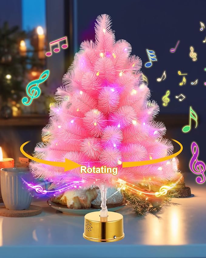 2FT Pink Rotating Christmas Tree with Music and LED Lights, 360° Spinning Tabletop Mini Xmas Tree with Base Christmas Decor for Small Space Home Office Desk Holiday Gift