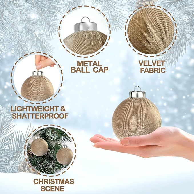 Brown Velvet Christmas Ornaments for Tree 15 PCS, Big Neutral Flocked Christmas Balls Ornaments Set 3.15 Inch, Shatterproof Earth Tone Xmas Hanging Decor for Holiday (Light Brown)