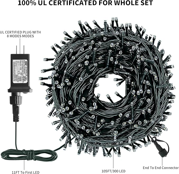 XTF2015 Christmas String Lights, 105ft 300 LED Christmas Lights 8 Modes Memory Function & Timer- UL Certified - Outdoor Indoor Christma s Fairy Lights for Tree, Garden, Party, Wedding(Red + Green)