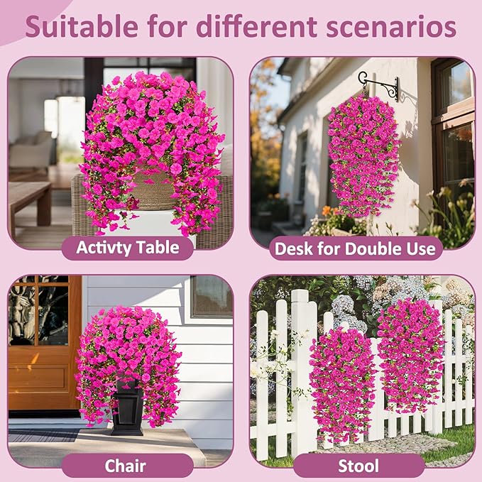 Rich and Eye-catching 5 PCS Artificial Hanging Flowers，Silk Morning Glory Faux Flowers with Eucalyptus Leaves,uv Resistant Fake Hanging Petunias Plants for Yard Decoration(Fuchsia)