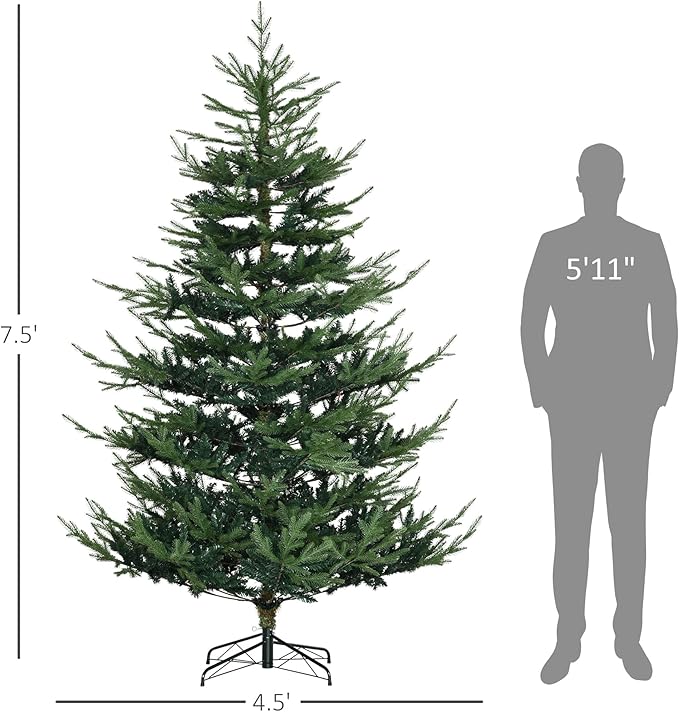 HOMCOM 7.5 Foot Artificial Christmas Tree, Nordic Pine Hinged Xmas Tree with 1218 Realistic Branches, Wide Steel Base, Auto Open, Green
