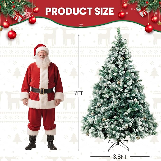 Beyond Prelit 7FT Artificial Christmas Tree with 250 LED Warm White Lights, Hinged Green Christmas Tree with 1100 Branch Tips and Pinecone, Xmas Tree with Metal Stand for Home, Party Decoration, Green