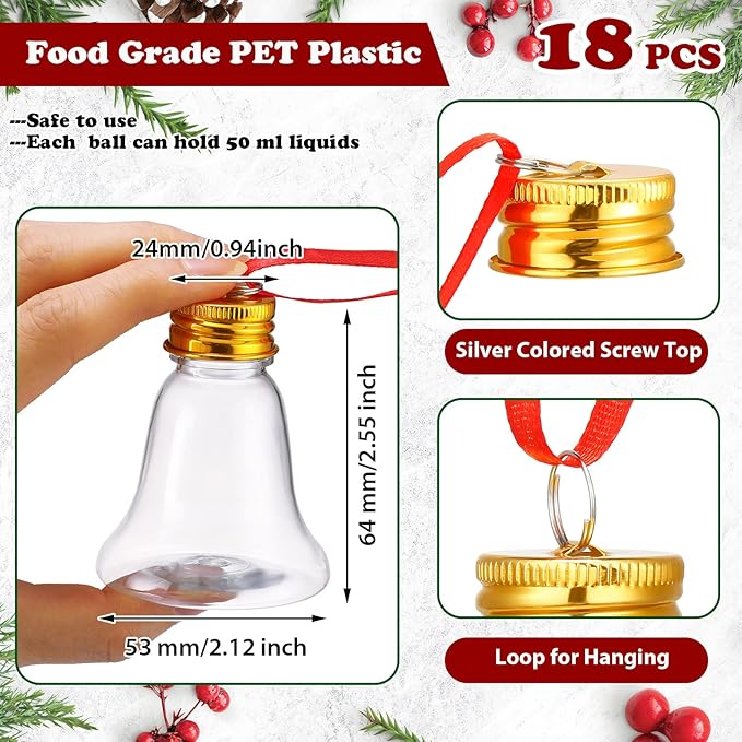 Patelai 18 Pcs Christmas Drink Balls Clear Shot Glass Ornaments Xmas Tree Fillable Ornaments Plastic Xmas Water Bottle Bulbs for Holiday Party Decorations(Bell,50 ml)