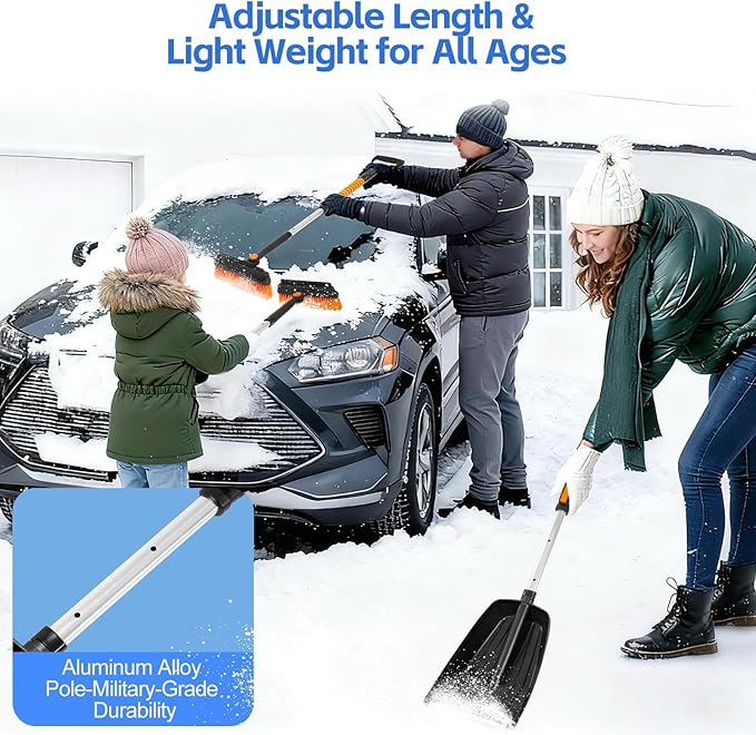 5-in-1 Ice Scrapers Snow Shovel Snow Brush Kit, 41" Ice Scrapers for Car Windshield with 180° Pivoting Brush Head & Squeegee, Extendable Aluminum Foam Grip for Cars, SUVs, Trucks - Orange