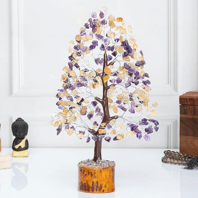 Amethyst & Citrine Crystal Tree of Life - Chakra Tree for Positive Energy, Handmade Gemstone Feng Shui Decor - Good Luck Money Bonsai, Healing Crystals Decoration Ornament, Spiritual Gift