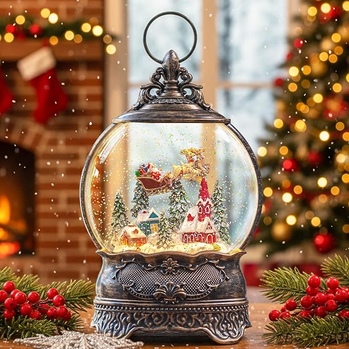 Christmas Snow Globe Lantern with Santa Claus is Coming in his Sleigh!Lighted Swirling Glittering Snow Globes with Music & Timer, Christmas Decorations for Home Tabletop Indoor Gifts