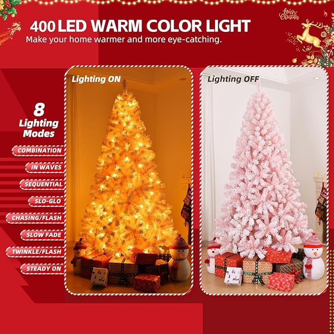 VINGLI 7ft Pink Artificial Christmas Pine Tree with 400 Warm LED Lights, Pre-Lit Flocked Xmas Tree with 1000 Full Branch Tips, Sturdy Metal Stand, 8 Color Modes for Holiday & Party Decorations