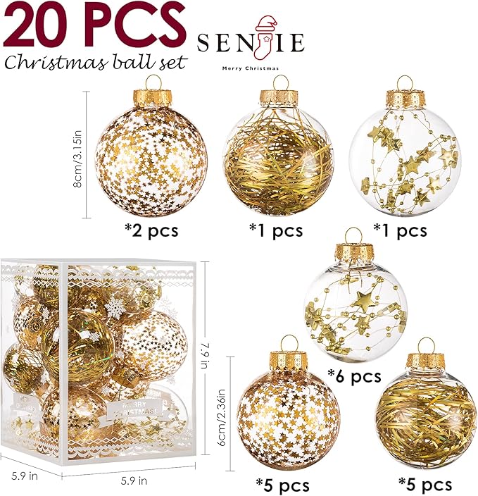 Christmas Ornaments Ball Set-Shatterproof Clear Plastic Decorative Baubles for Xmas Tree House Holiday Wedding Party Decoration,20pcs Gold