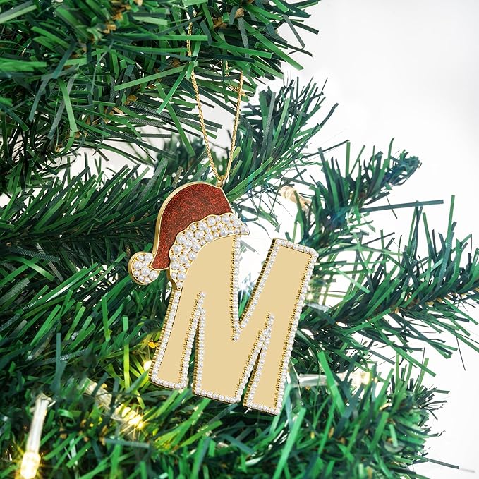 2025 Christmas Initial Ornaments, Letter M Ornaments for Xmas Tree, Red Hat Hanging Ornament for Mother Best Friends Sister Wife|M-Letter Ornament