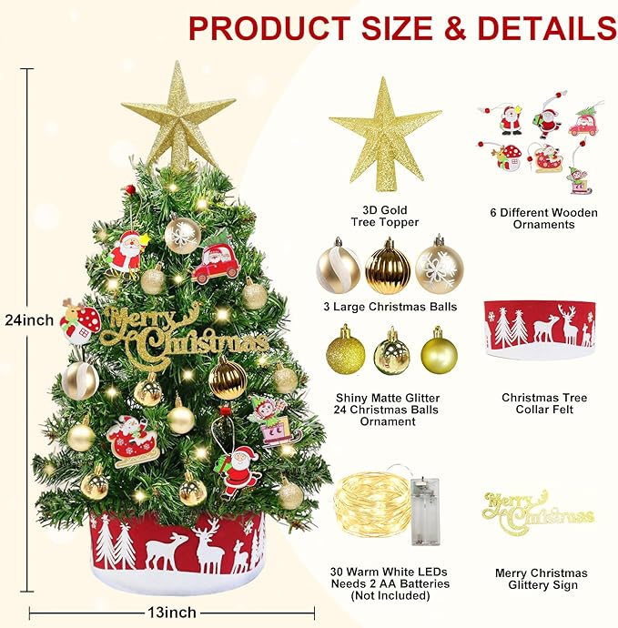 24" /2FT Mini Christmas Tree with Lights Timer 30 LEDs & 34 Ornaments, Small Tabletop Christmas Trees Artificial Christmas Decorations for Indoor Desk Room Office Home Decor Xmas