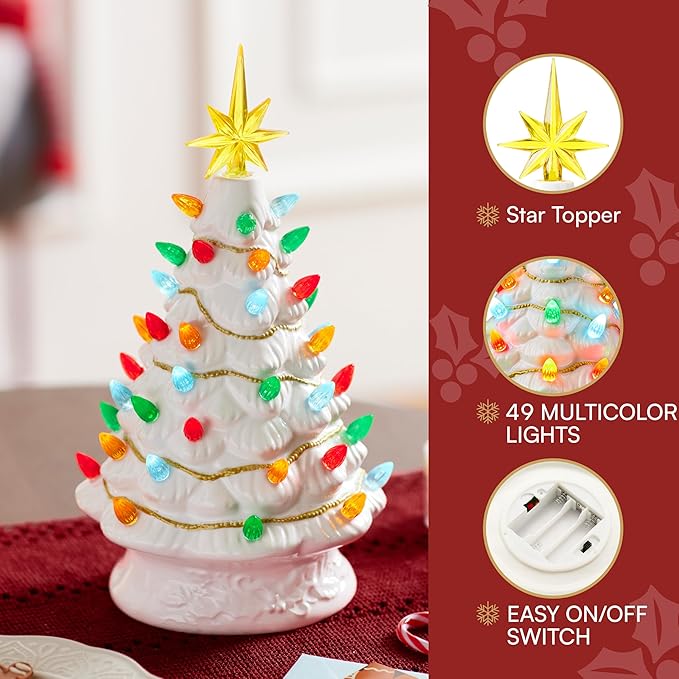 JOIEDOMI 12” White Christmas Ceramic Tree, Light up Tabletop Xmas Tree with 49 LED Lights, Ceramic Decor with Christmas Design, Xmas Holiday Indoor Office Table Centerpiece Decoration