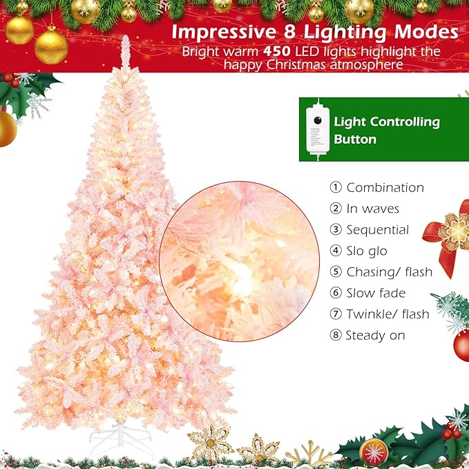 HAPPYGRILL 7.5FT Pre-Lit Pink Christmas Tree Snow Flocked Christmas Tree with 1100 Branch Tips, 450 Warm Lights, 8 Lighting Modes, Artificial Xmas Tree for Holiday Decor