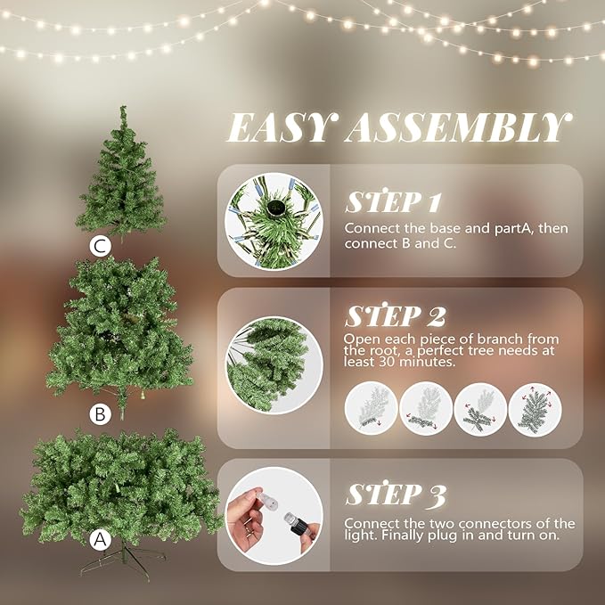 VINGLI 6ft Prelit Artificial Christmas Pine Tree with 250 Warm White Lights, Xmas Tree Holiday Party Decorations with Stabilized Metal Stand, Full 900 Tips Branch, 8 Color Modes, Green