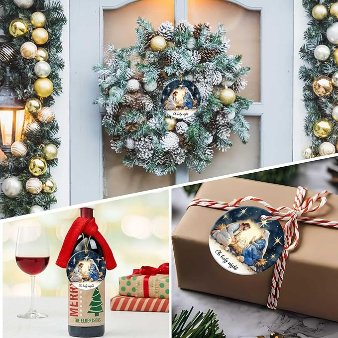 Oh Holy Night Ornaments Round Ceramic Birth of Jesus Mary Joseph Christ Ornament Christmas Keepsake Decor for Christmas Tree Winter Holiday Xmas Gift for Women Men Xmas Hanging Ornament 3"