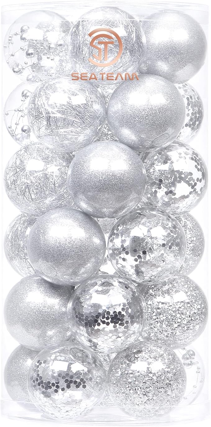 Sea Team Shatterproof Clear Plastic Christmas Ball Ornaments Decorative Xmas Balls Baubles Set with Stuffed Delicate Decorations (60mm/2.36 inch 30-Pack, Silver)
