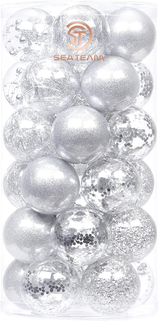 Sea Team Shatterproof Clear Plastic Christmas Ball Ornaments Decorative Xmas Balls Baubles Set with Stuffed Delicate Decorations (60mm/2.36 inch 30-Pack, Silver)