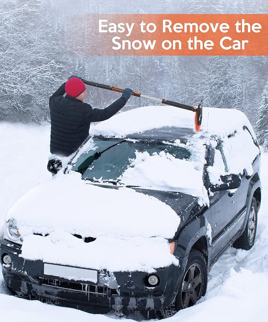 COFIT Car Snow Brush with Ice Scraper and Squeegee 3 in 1, 50" Extendable Cleaning Kit Long Handle, Windshield Snow Removal Tool Scratch Free, SUV Truck RV Window Roof Exterior Wash Supplies, Orange