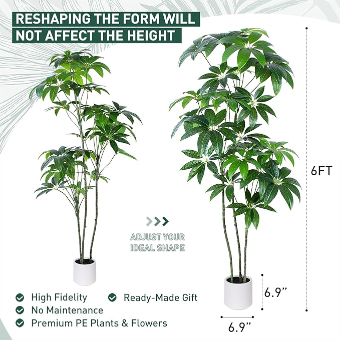 Money Tree Artificial - 6 FT Tall Fake Tree with Decorative planters - Large Faux Plants Lifelike Branches & Foliage - Artificial Plants Indoor for Home Office Living Room Decor