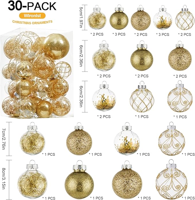 Wironlst Christmas Ball Ornaments Shatterproof Clear Large Plastic Hanging Ball Decorative Baubles Set with Stuffed Delicate Decorations (Multi-Size, Gold)