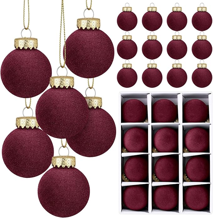 12 Pcs Velvet Christmas Balls Flocked Christmas Tree Hanging Ornaments Shatterproof Plastic Hanging Balls Decorations for Xmas Tree Party Home Holiday Decor (Wine Red, 3.15 inch)