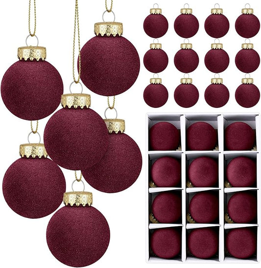 12 Pcs Velvet Christmas Balls Flocked Christmas Tree Hanging Ornaments Shatterproof Plastic Hanging Balls Decorations for Xmas Tree Party Home Holiday Decor (Wine Red, 3.15 inch)