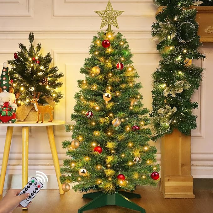 TURNMEON Remote Control 8 Modes 3 Ft Christmas Tree with Lights Timer 15 DIY Ball Ornament 50 Warm Light Battery Operated Artificial Pencil Small Tinsel Xmas Tree Holiday Decorations Home Indoor Table