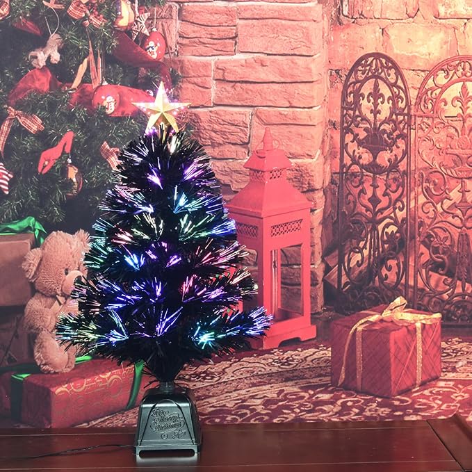 24inch Black Fiber Optic Christmas Tree,Pre-Lit Artificial Mini Christmas Tree, Tabletop Small Xmas Tree with Stars Holiday Home Decorations