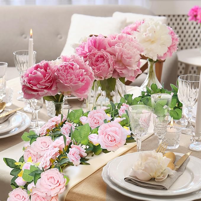 Sggvecsy 4Pcs 31Ft Artificial Rose Vine Fake Flower Garland Floral Garland Faux Silk Hanging Vine Rose Ivy Vines for Wedding Arch Party Wall Garden Ceremony Background Outdoor Decor (Pink)