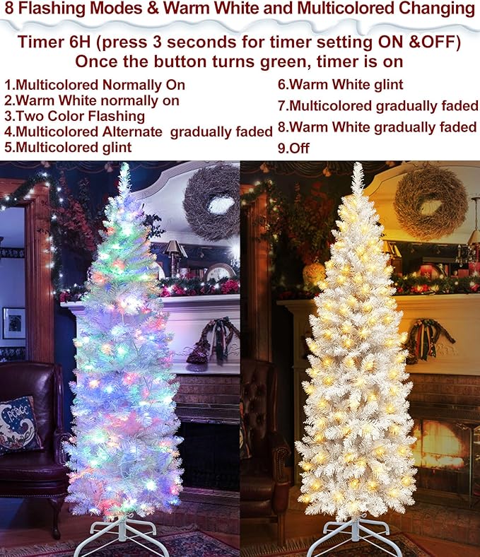 5 Ft Prelit White Pencil Artificial Christmas Tree with Timer 180 LED Warm White & Colorful Change Lights 8 Modes Plug in 550 Branch Tips Metal Stand Slim Tree Xmas Decor Indoor Outdoor