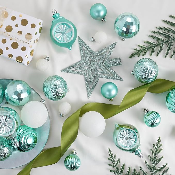 XmasExp 99-Pack Christmas Ball Ornaments Assorted Shatterproof Christmas Tree Decorations with Hand-held Gift Package for Xmas Tree,Home,Party (Mint Green)