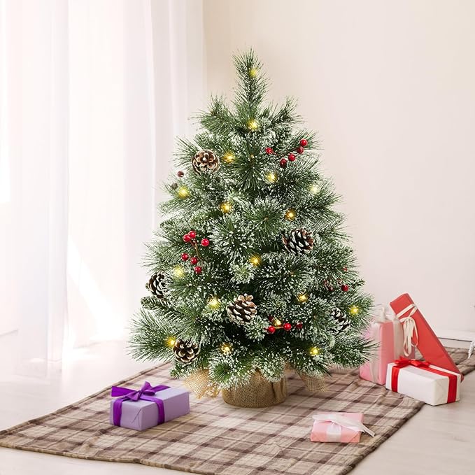 24" Mini Christmas Trees with Flocked Pine Needles, Pine Cones, Berries Decoration, 2 Ft Decorated Burlap Trees with 25 Led Lights, Kitchen Tabletop Artificial Pre Lit Christmas Tree