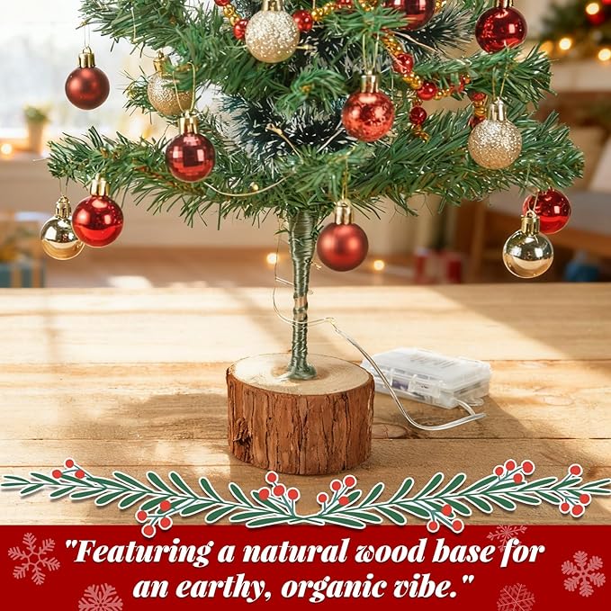 Christmas Tree, Tabletop Christmas Tree with Lights, Christmas Decoration MIni Xmas Trees Artificial Desktop Trees Wood Base Small Christmas Trees (2FT, Remote Control)
