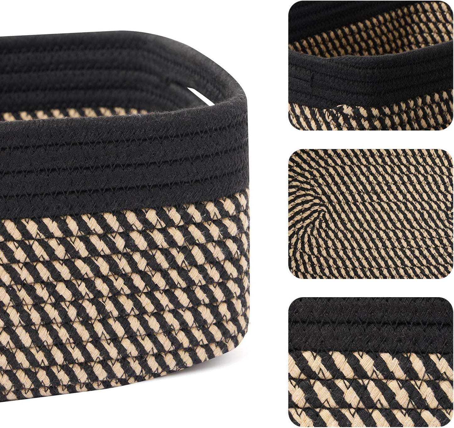 Small Storage Baskets for Organizing | Closet Organizer Bins | Shelf Toy Basket | Woven Rope Baskets | Cube Decorative Box | Shallow Basket | 13x8.5x5.1” | 3 Packs Black Brown