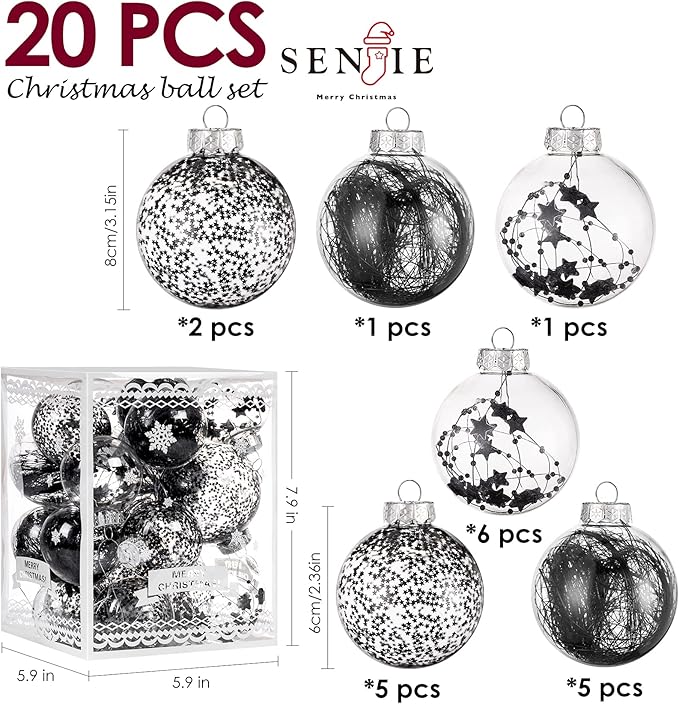 Christmas Ornaments Ball Set-Shatterproof Clear Plastic Decorative Baubles for Xmas Tree House Holiday Wedding Party Decoration,20pcs Black