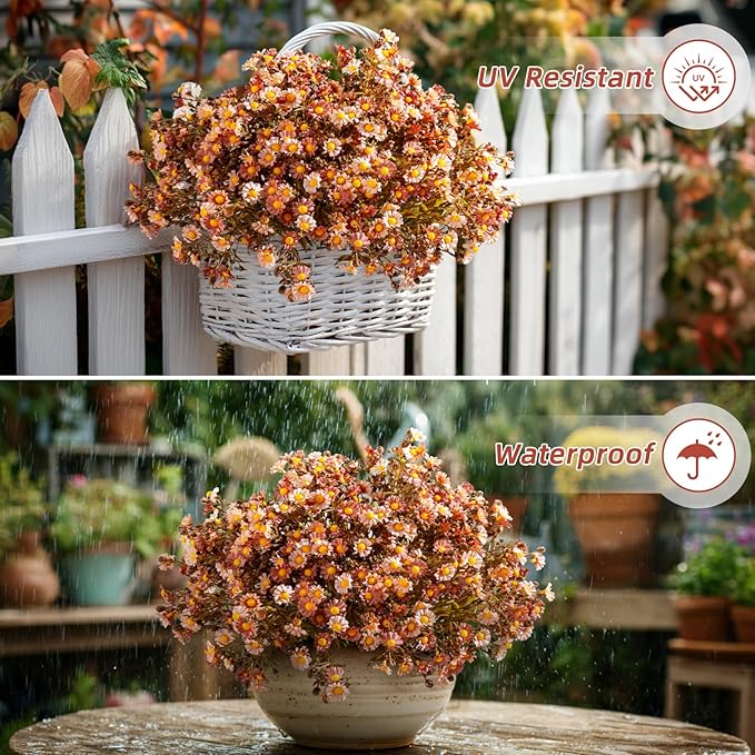 Artificial Daisy Flowers for Outdoor 16 Bundles Faux Daisy Flower UV Resistant No Fade Floral for Home Indoor Outside Garden Porch Window Box Balcony Yard Porch Fall Decor (Brown)