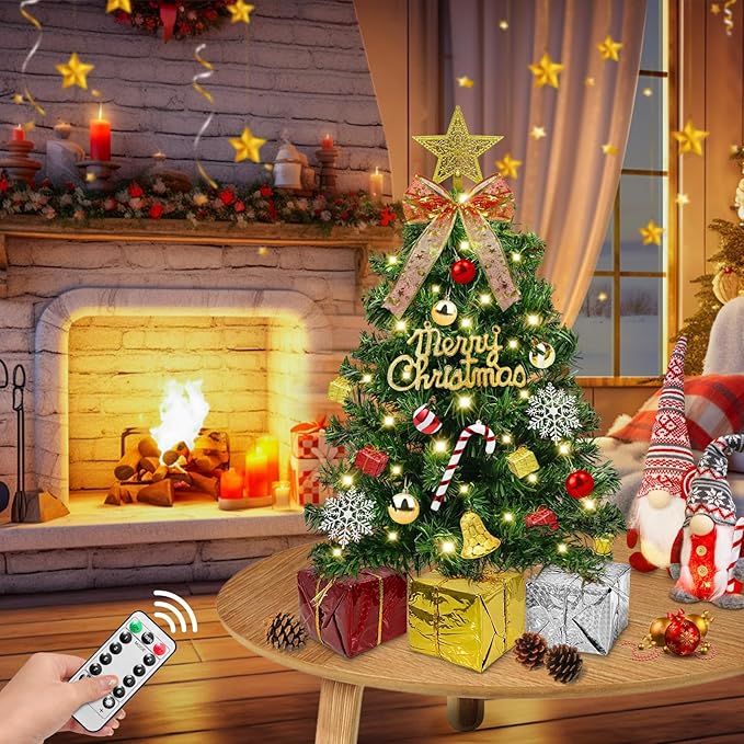 Dual Color Change&Remote Control 24 Inch/2FT Tabletop Christmas Tree with Lights Timer, 20 Warm White&Colored Lights 8 Modes 27 Orantments Star Boxes Mini Small Christmas Tree Xmas Home Party Decor