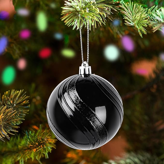 SHareconn 80mm Christmas Balls Ornaments,12PCS Colored Shatterproof Plastic Decorative Hanging Tree Decorations Baubles Set for Xmas Tree Decor Holiday Party Wedding Decoration with Lanyard,Black&Gold